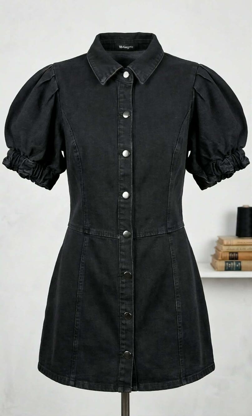 Allegra K Black Denim Mini Dress Y2K Puff Sleeve A-Line Stretch Medium